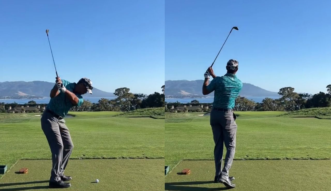 Tiger Woods strikes a wedge shot at Pebble Beach