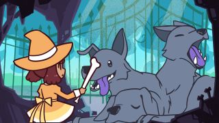 A screenshot shows a witch with an orange hat holding a bone in front of a three-headed dog