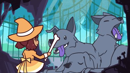 A screenshot shows a witch with an orange hat holding a bone in front of a three-headed dog