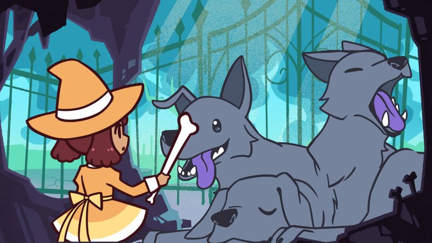 A screenshot shows a witch with an orange hat holding a bone in front of a three-headed dog