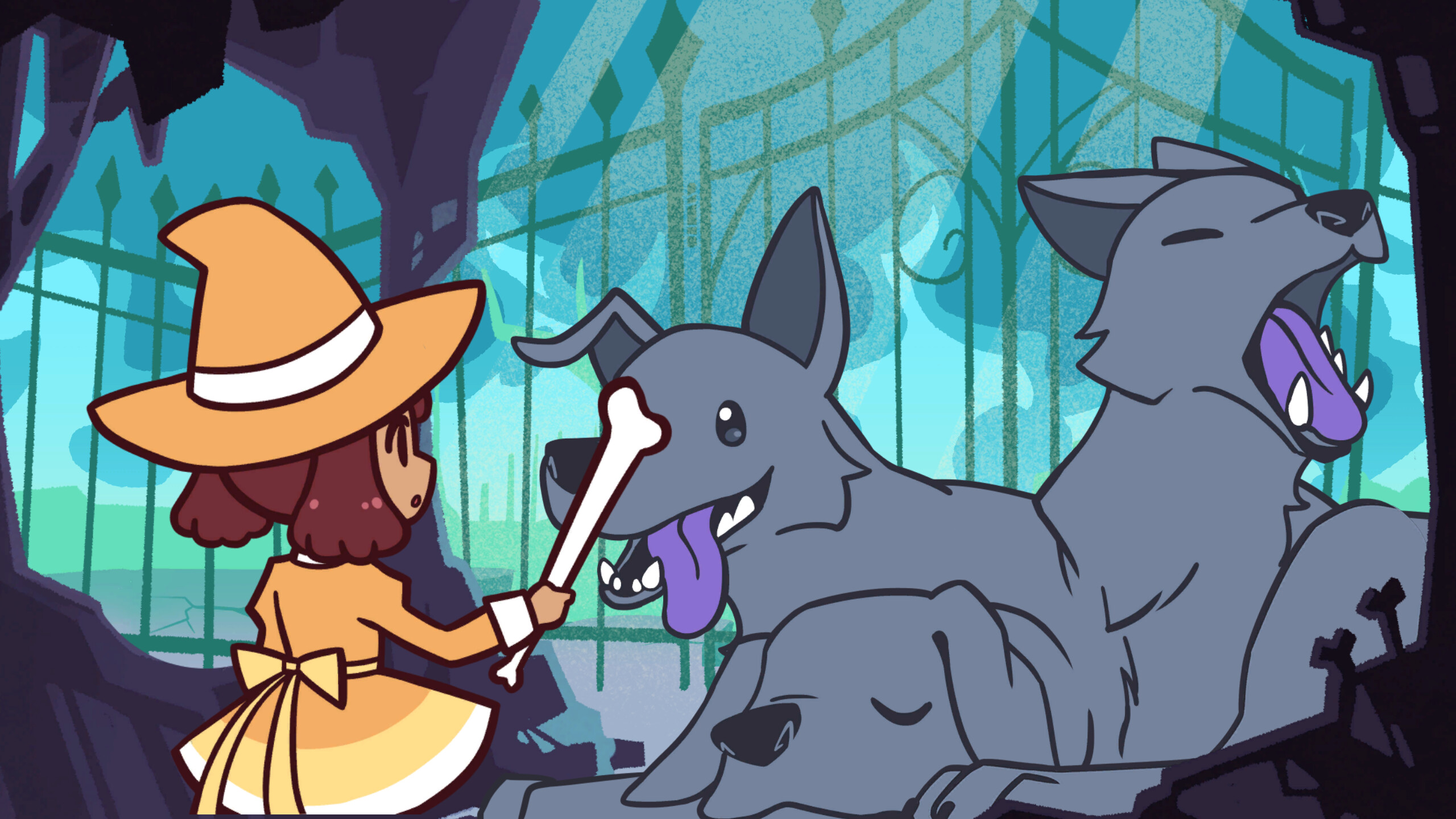 A screenshot shows a witch with an orange hat holding a bone in front of a three-headed dog