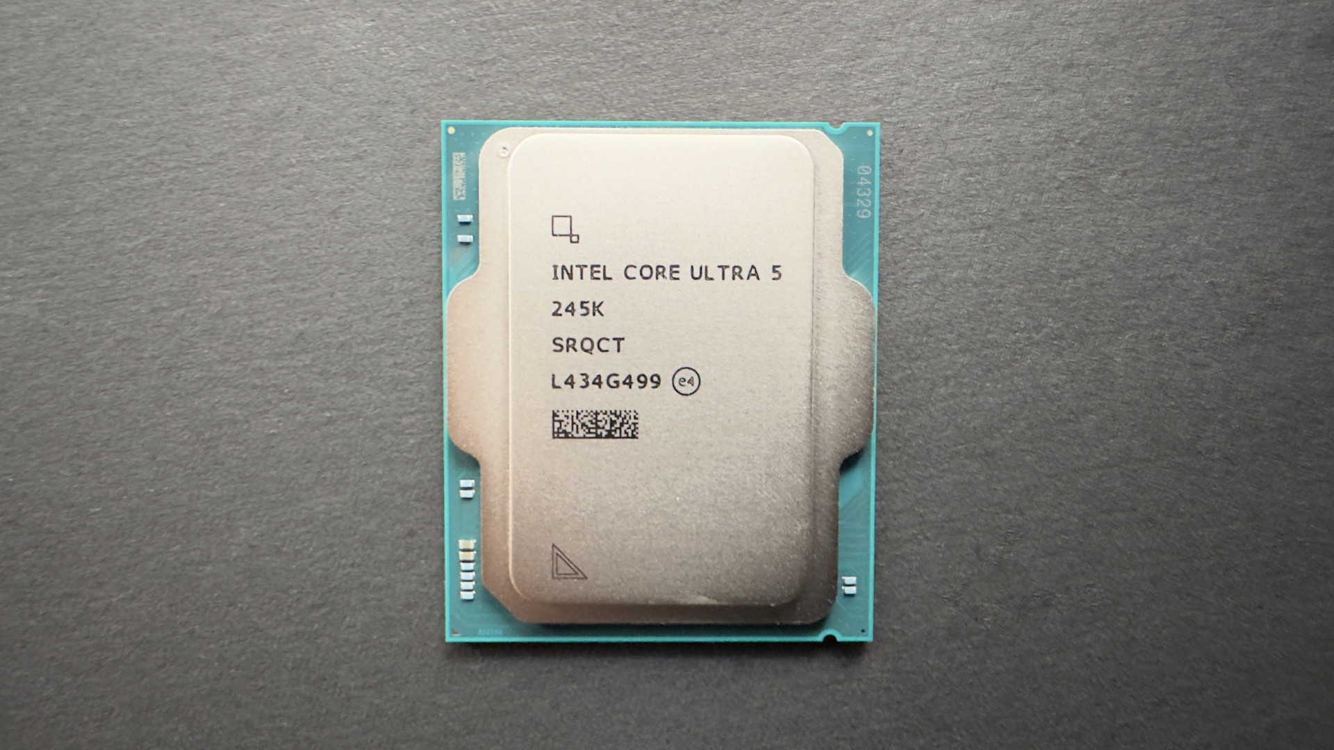 A photo of an Intel Core Ultra 5 245K processor against a dark background