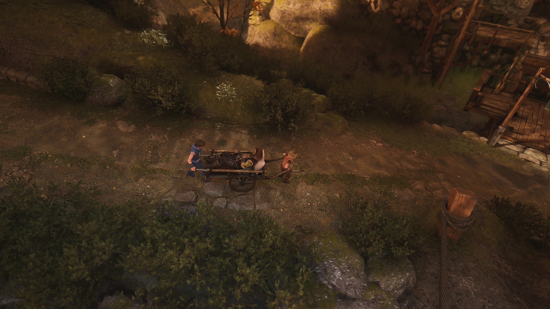 The two brothers carrying their ill father in a cart in Brothers: A Tale of Two Sons.