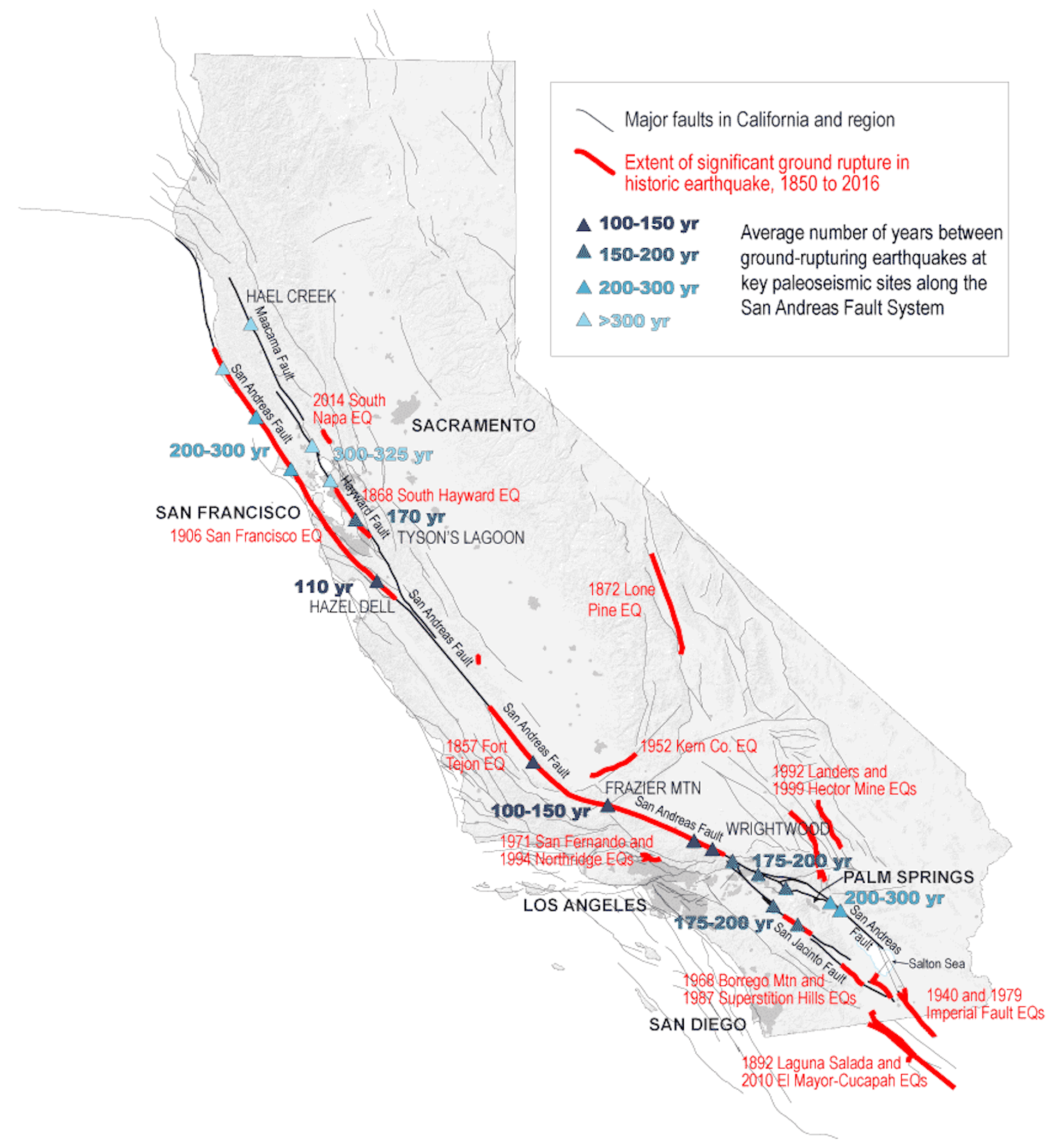 A map of California showing the path of the San Andreas fault system