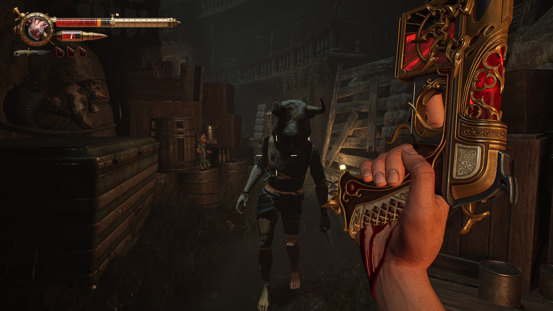 A minotaur-like enemy advances as the player reloads their huge gun with blood in Crisol: Theater of Idols