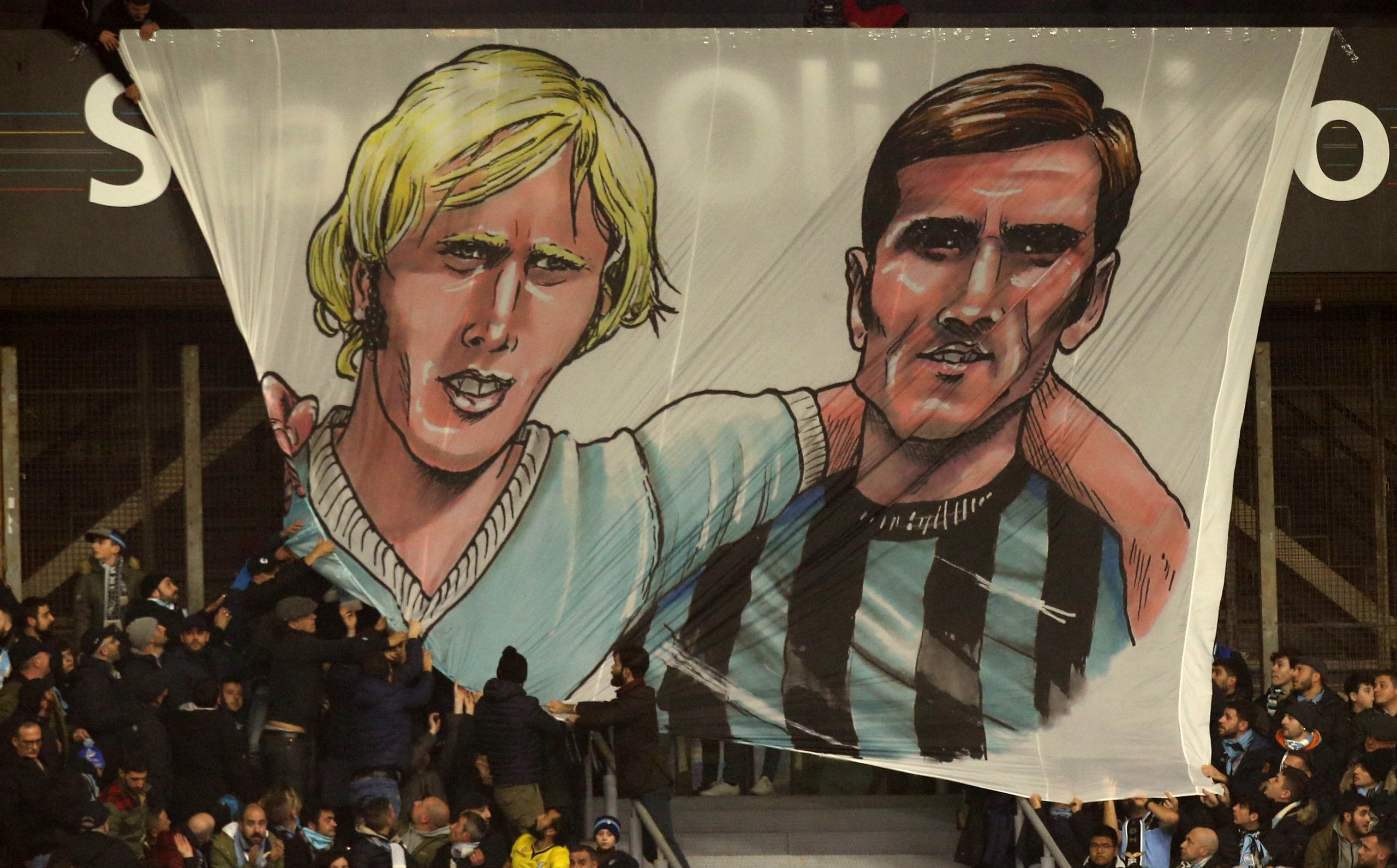 Banner of SS Lazio supporters with former players Luciano Re Cecconi of SS Lazio and Giacinto Facchetti of FC Internazionale ,during the Serie A match between SS Lazio and FC Internazionale at Stadio Olimpico on February 16, 2020 in Rome, Italy.