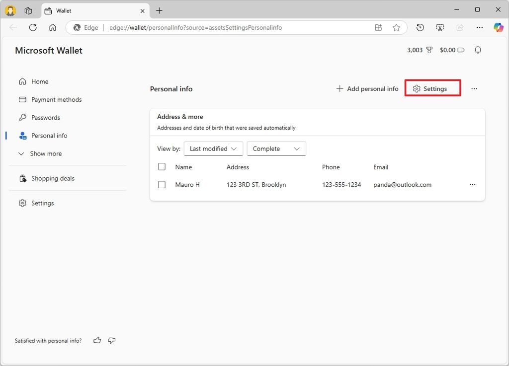 Microsoft Edge Wallet settings