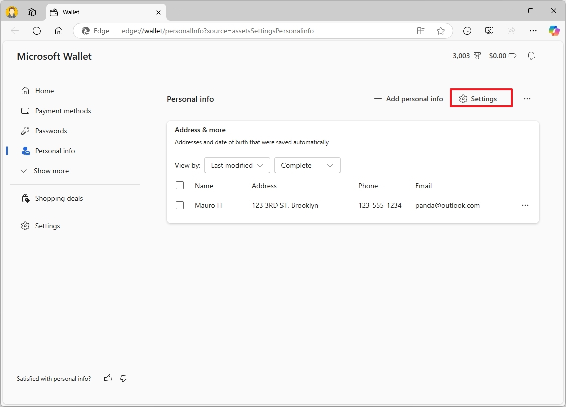 Microsoft Edge Wallet settings