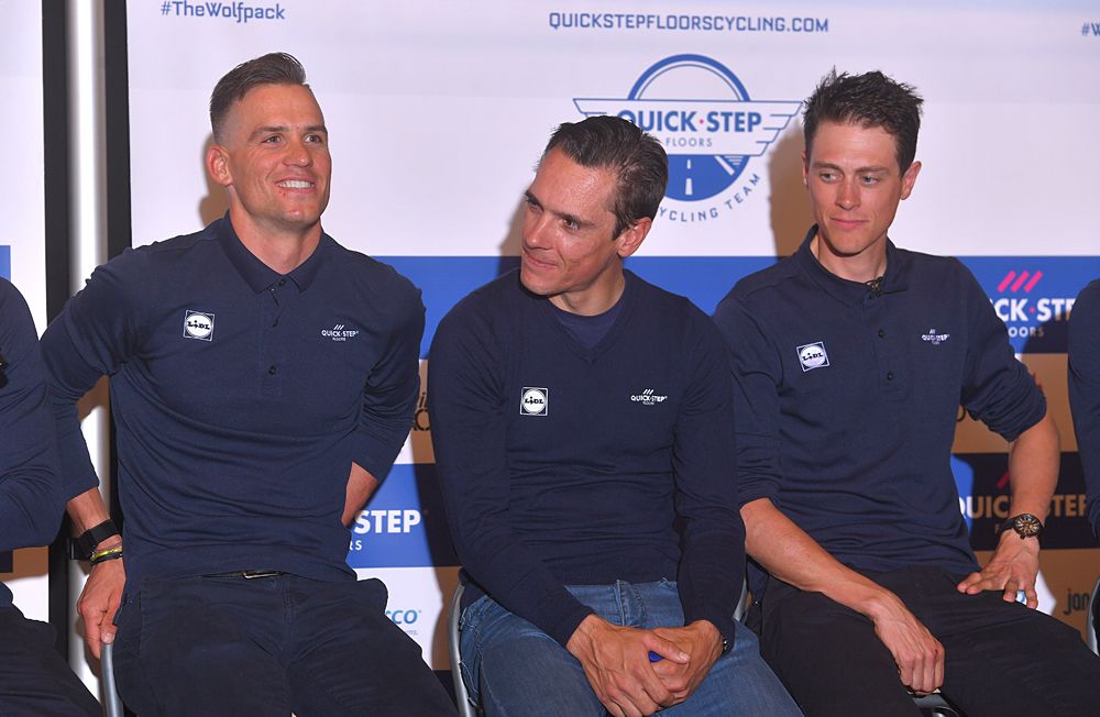 Zdenek Stybar, Philippe Gilbert and Niki Terpstra speak at a press event ahead of Paris-Roubaix