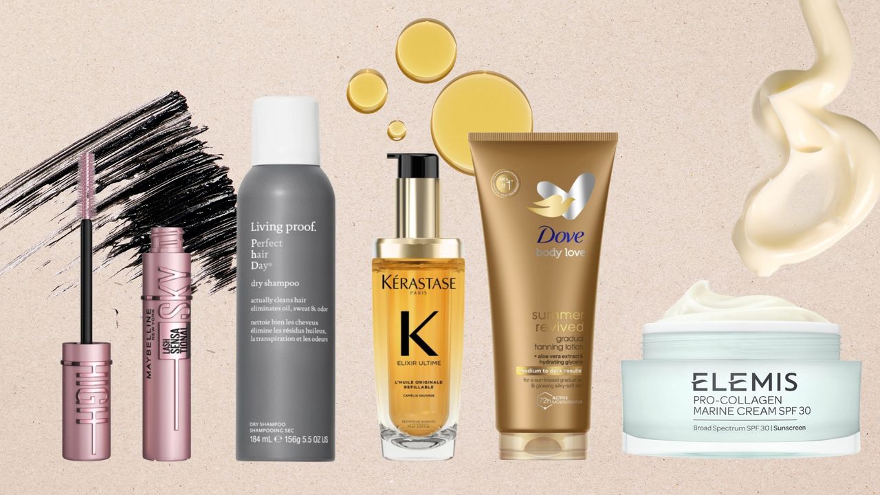 A collage of products from Maybelline, Living Proof, Kerastase, Dove and Elemis all of which are featured in the Prime Day deals/ on a cream template with mascara, oil and lotion swatches.