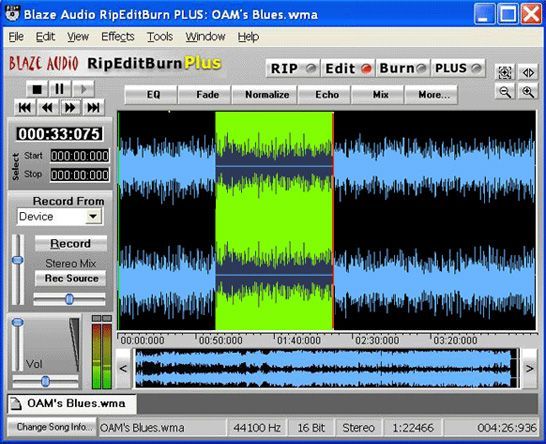 You can select a particular section of an audio file in RipEditBurn for editing or deletion.