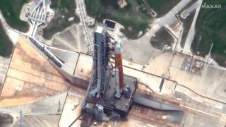 NASA's Space Launch System moon rocket on a launch pad at the Kennedy Space Center seen by satellites of U.S. Earth observation company Maxar Technologies.