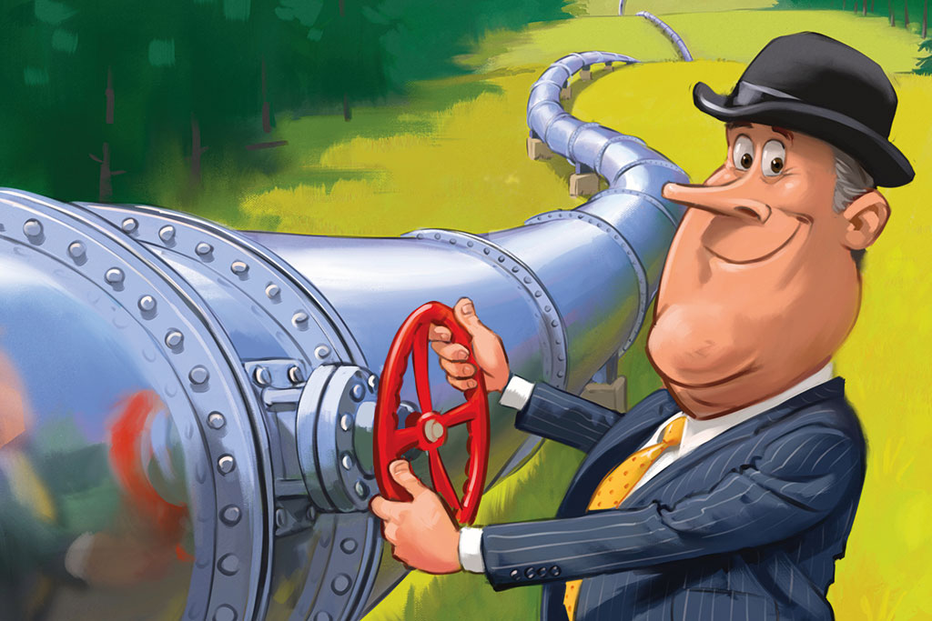 Oil and gas pipeline cover illustration - man in a suit and bowler hat turning a valve on a pipeline