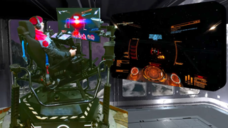 A green-screened picture-in-picture stream of CMDR Wacko piloting the SimStarr rig to play Elite Dangerous.