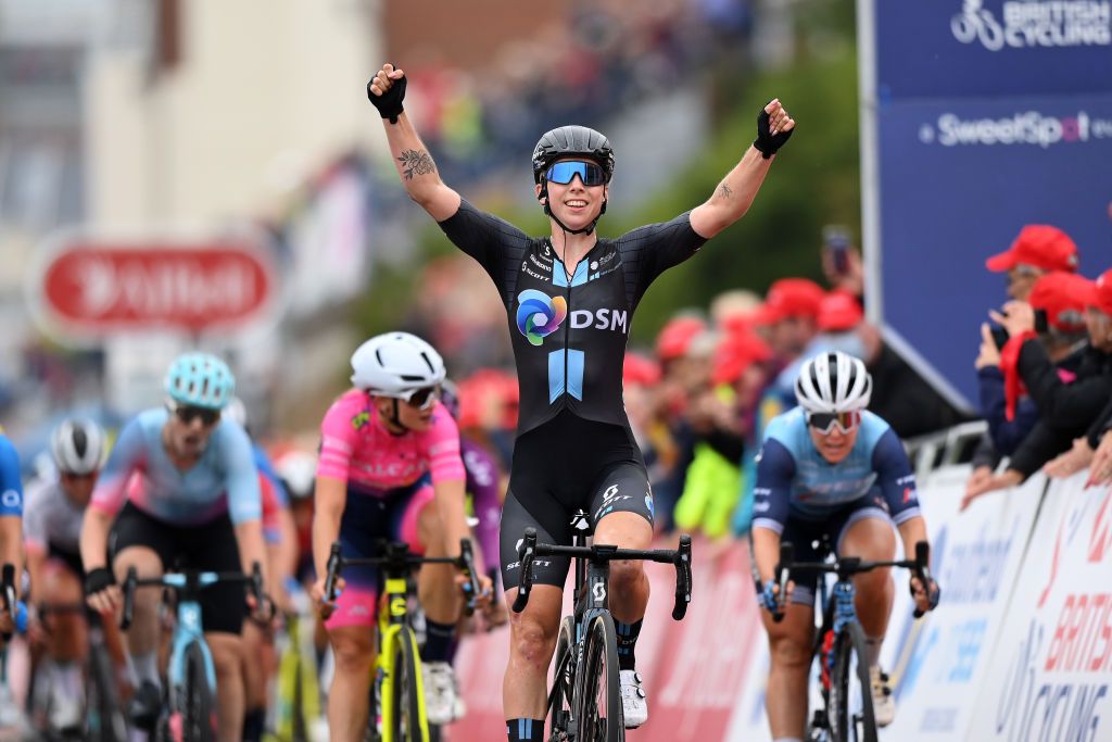 SOUTHEND ENGLAND OCTOBER 07 Lorena Wiebes of Netherlands and Team DSM celebrates at finish line as stage winner during the 7th The Womens Tour 2021 Stage 4 a 1178km stage from Shoeburyness to SouthendonSea thewomenstour UCIWWT on October 07 2021 in Southend England Photo by Justin SetterfieldGetty Images