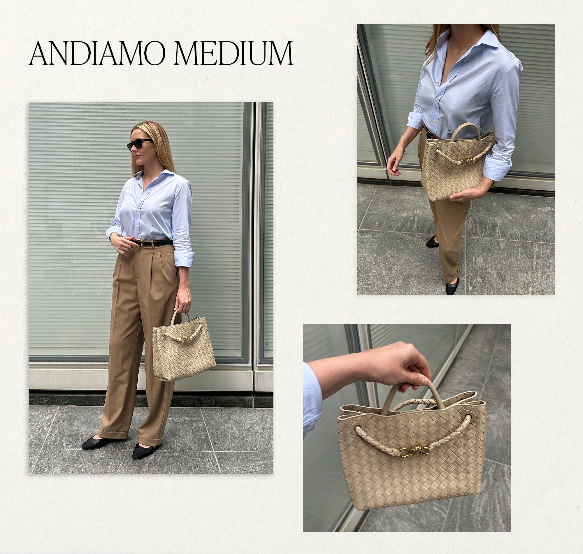 A collage of photos of Kristen Nichols carrying the Bottega Veneta Andiamo Bag in the size medium and the color Travertine. She's wearing it with a blue button-down shirt and khaki pants.
