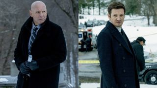 From left to right: side-by-side press image of Hugh Dillon as Ian looking to his right while standing in the show and Jeremy Renner looking over his shoulder to his left while standing in a cemetary in Season 3 of Mayor of Kingstown.