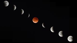 In this composite photograph the moon during various phases at the begining, middle and end of a total lunar eclipse April 15, 2014 as seen from Magdalena, New Mexico.