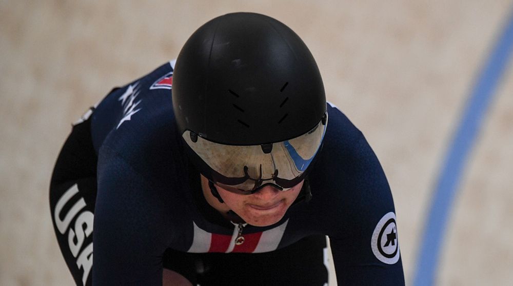 US cyclist Kimberly Geist competes in the women's 200m sprint during the Tissot UCI Track Cycling World Cup