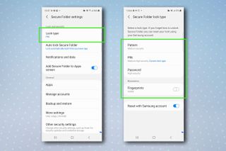 The Samsung Secure Folder settings menu with the steps highlighted to change the lock type for Secure Folder