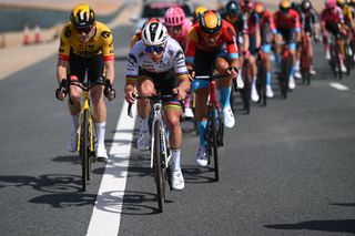 Remco Evenepoel (Soudal-Quickstep) drives the pace in the front echelon on stage 1 of the 2023 UAE Tour