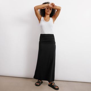 Black Ruched Waist Jersey Maxi Skirt