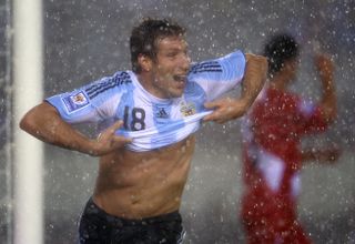 Martin Palermo celebrates after scoring the winner for Argentina against Peru in a World Cup qualifier in October 2009.