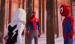 Spider-Gwen with Peter Parker's Spider-Man and Mile's Morales' Spider-Man in Into the Spider-Verse