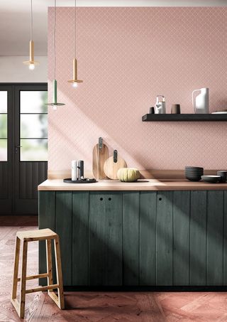 Kitchen with dark cabinets and pink tile backsplash