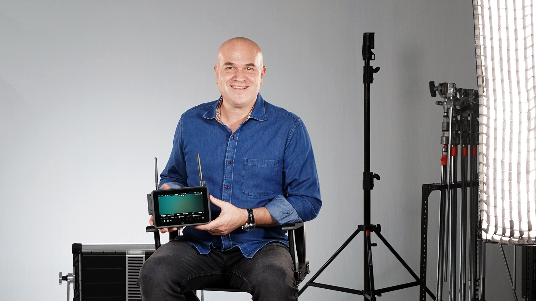 Peter Barber holding Atomos equipment