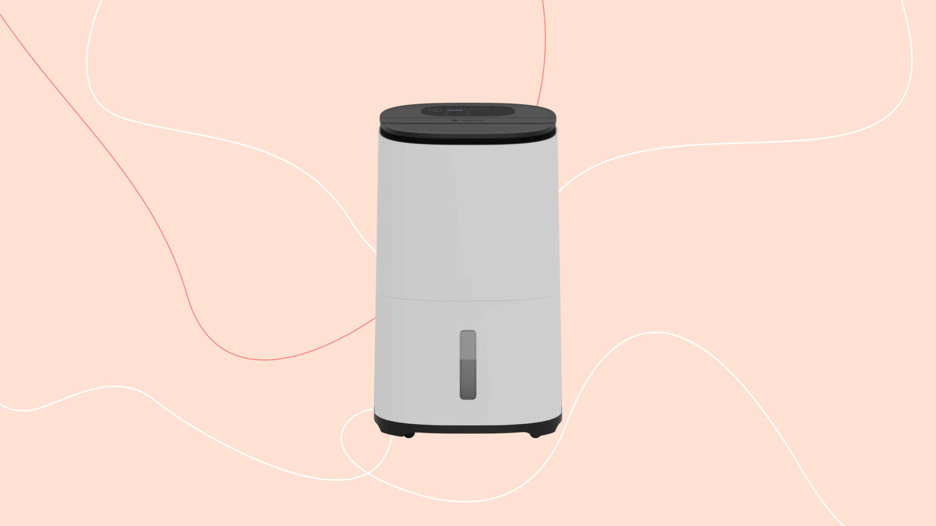 meaco arete two 20L dehumidifier on a pink graphic background