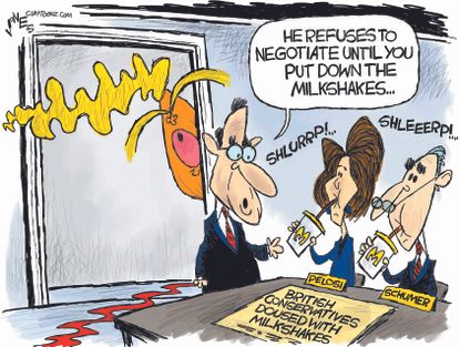 Political Cartoon U.S. Trump Rosenstein Schumer Pelosi Milkshakes