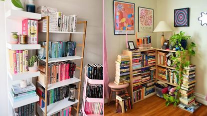 Two pictures of colorful living room bookshelves