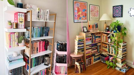 Two pictures of colorful living room bookshelves