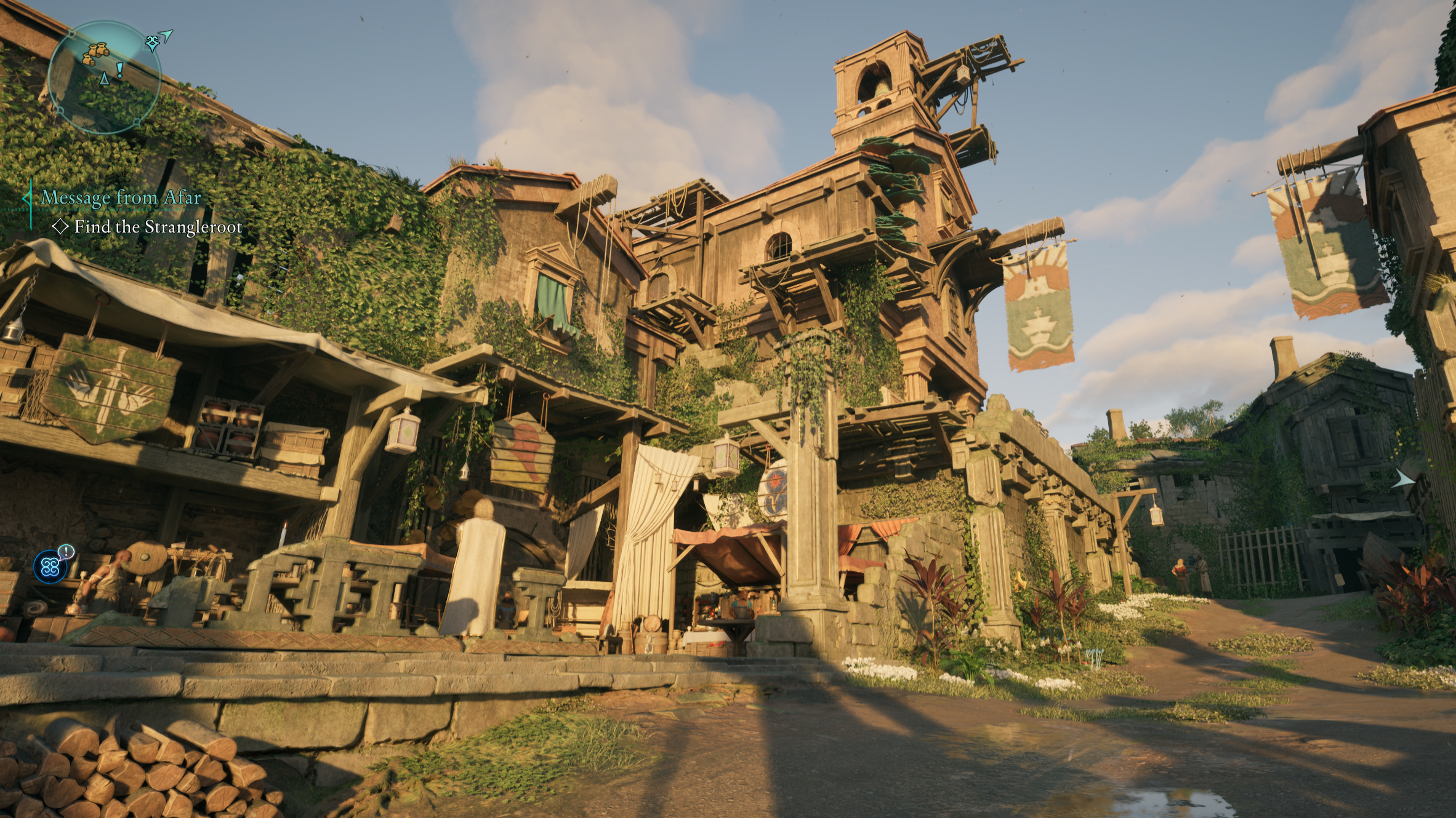 A screenshot of the city of Paradis in Avowed.