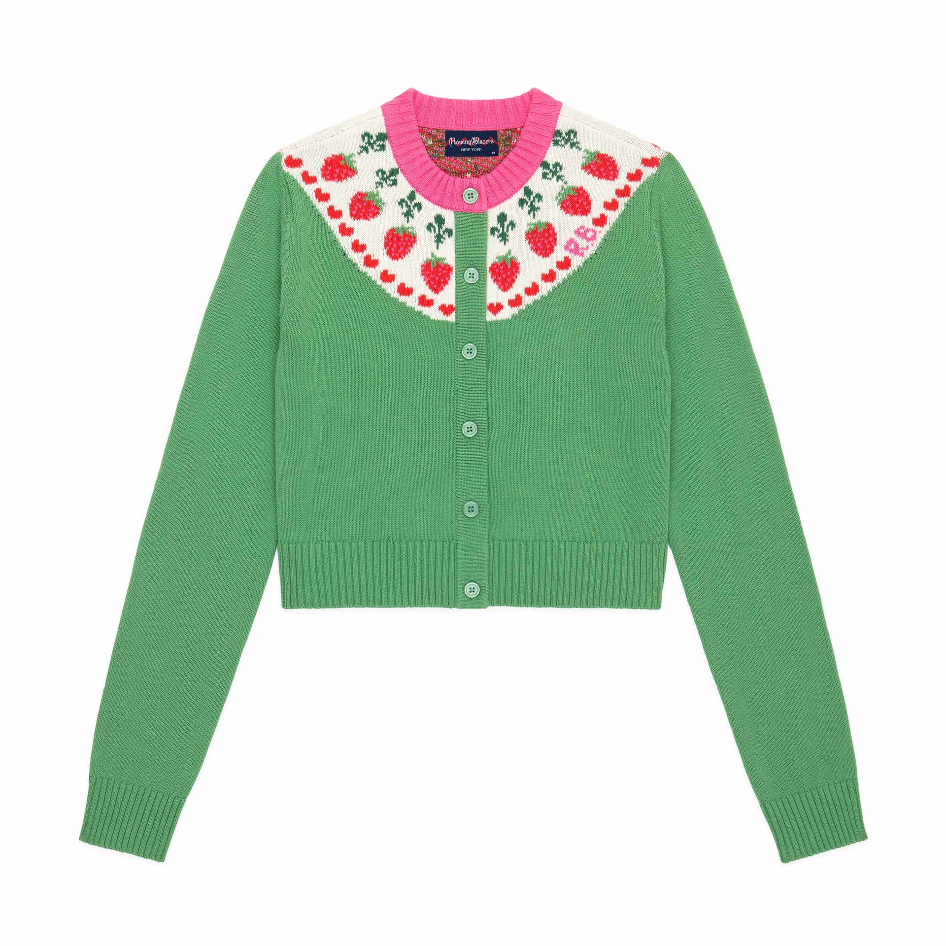 Women&#039;s Cotton Strawberry Fairisle Cropped Cardigan Green - Green / Xs