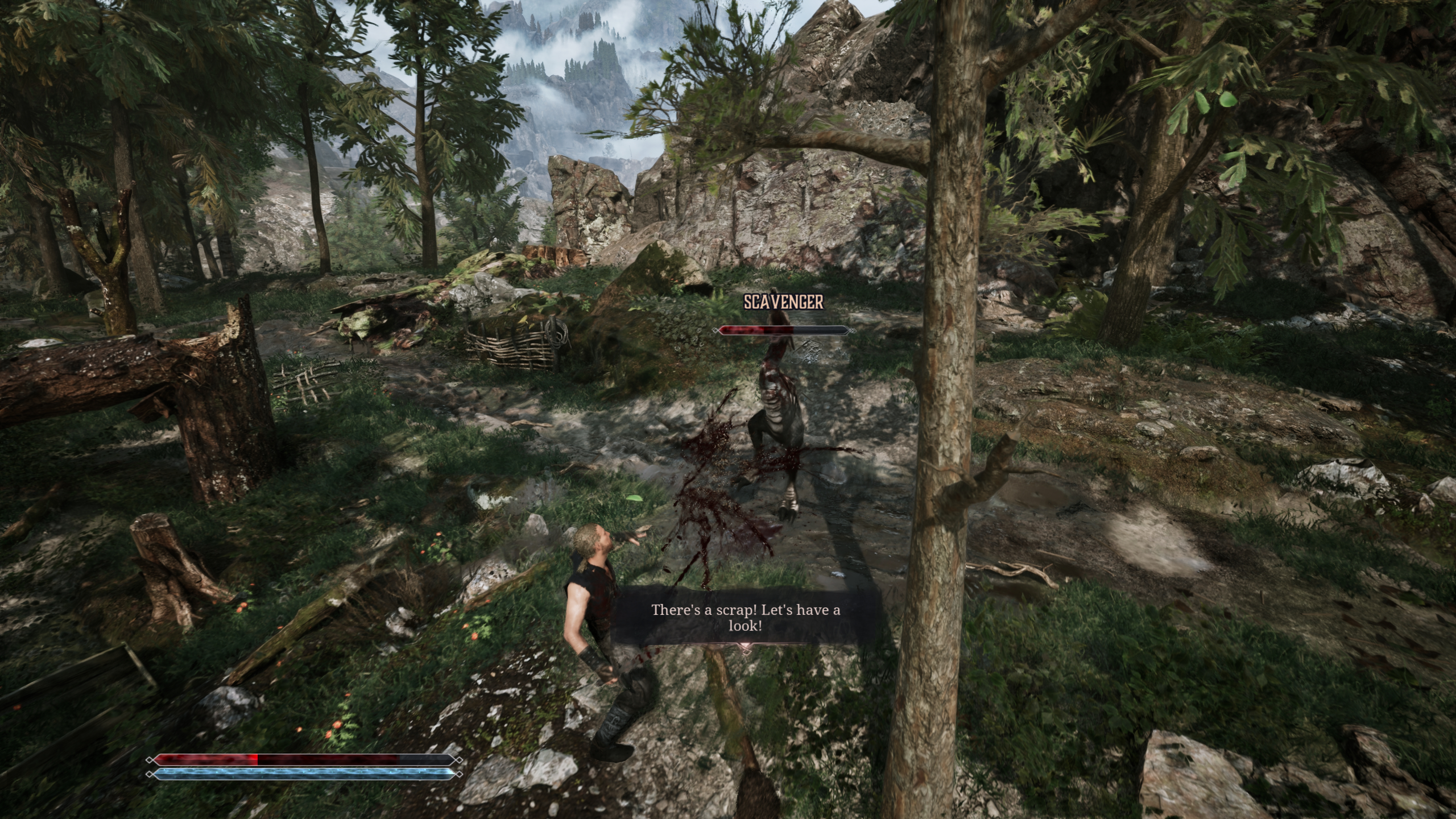 Gothic Remake The Forgotten Recipe: A player fighting a Scavenger in the woods.