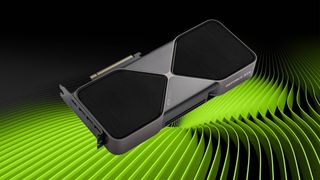 Nvidia RTX 5090 GPU with green rippled backdrop.