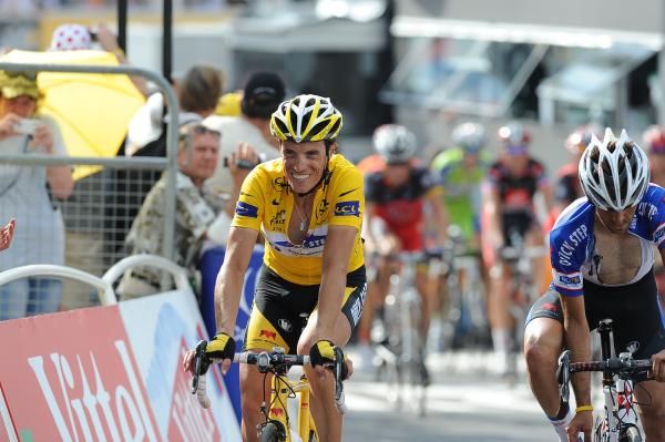 Sylvain Chavanel (Quick Step) crosses the line in yellow