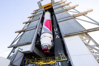 The Vulcan first stage is hoisted into the Vertical Integration Facility at Florida's Cape Canaveral Space Force Station in late January 2023.