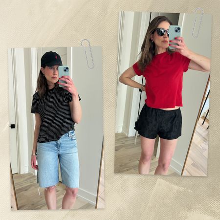 Collage of summer 2026 Reformation shorts on a 5'4" fashion editor