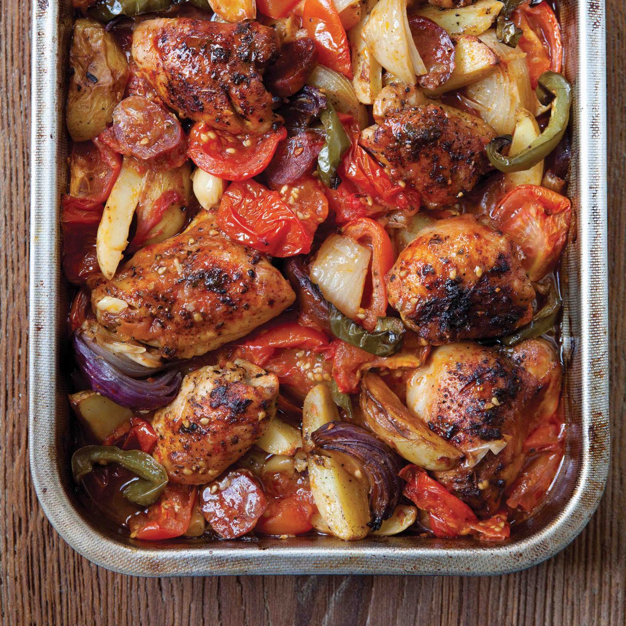 Hairy Bikers Dieters Spanish style chicken bake and chorizo in a roasting tin