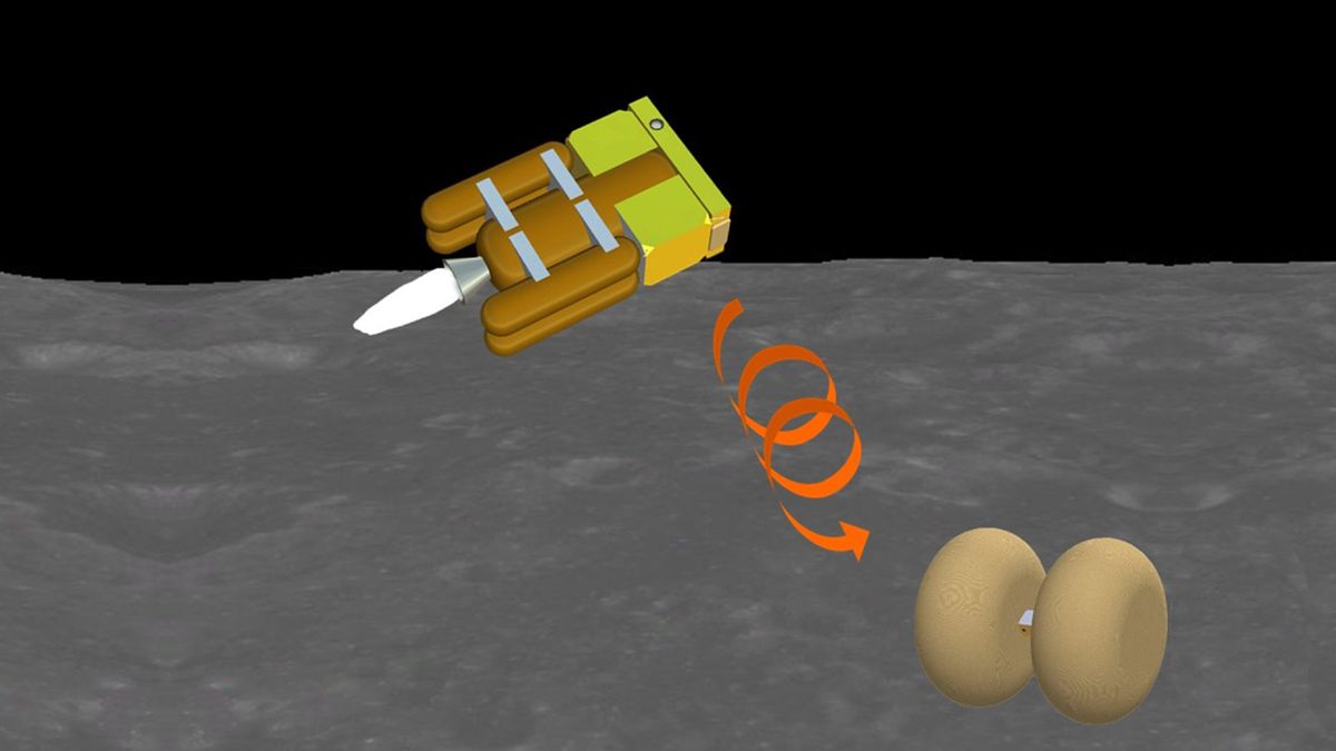 artist&#039;s conception of a small spacecraft firing its engines while deploying a rolling lander on the surface of the moon. an orange spiral suggests the lander&#039;s movements