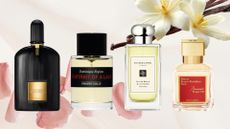 A collage featuring four of the scents featured in this best long-lasting guide from Tom Ford, Fr&eacute;d&eacute;ric Malle, Jo Malone London, and Maison Francis Kurkdjian on a sheer fabric background with rose petals and vanilla stock images.