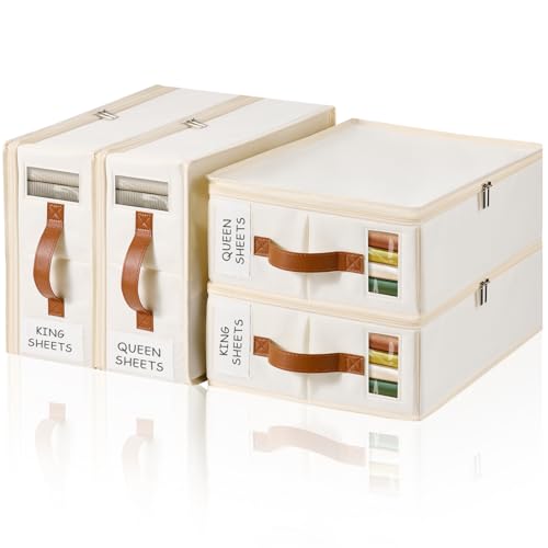 Kithero Bed Sheet Organiser 4 Pack With Zipper - Bedding Storage Sheet Organisers and Storage Label, Handle, Viewing Window, Linen Closet Organisers for Clothing, Duvet Covers, Blanket : Amazon.co.uk: Home & Kitchen