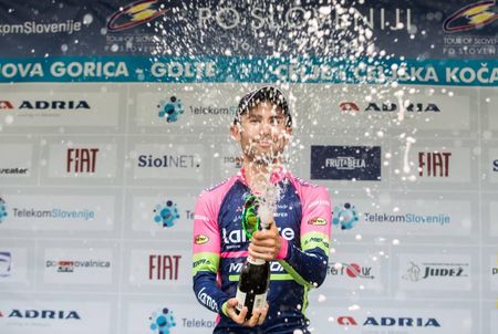 Diego Ulissi (Lampre - Merida) celebrates his time trial win on the Tour de Slovenia podium