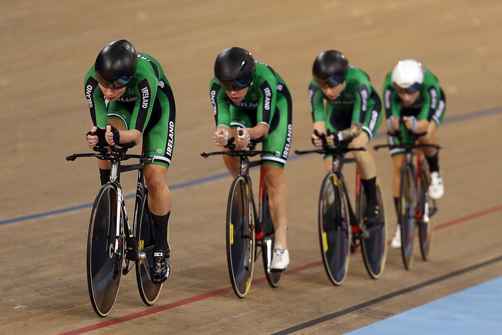 Ireland compete in the first round heat of the Women's Team Pursuit on day one of the 2018 TISSOT UCI Track Cycling World Cup