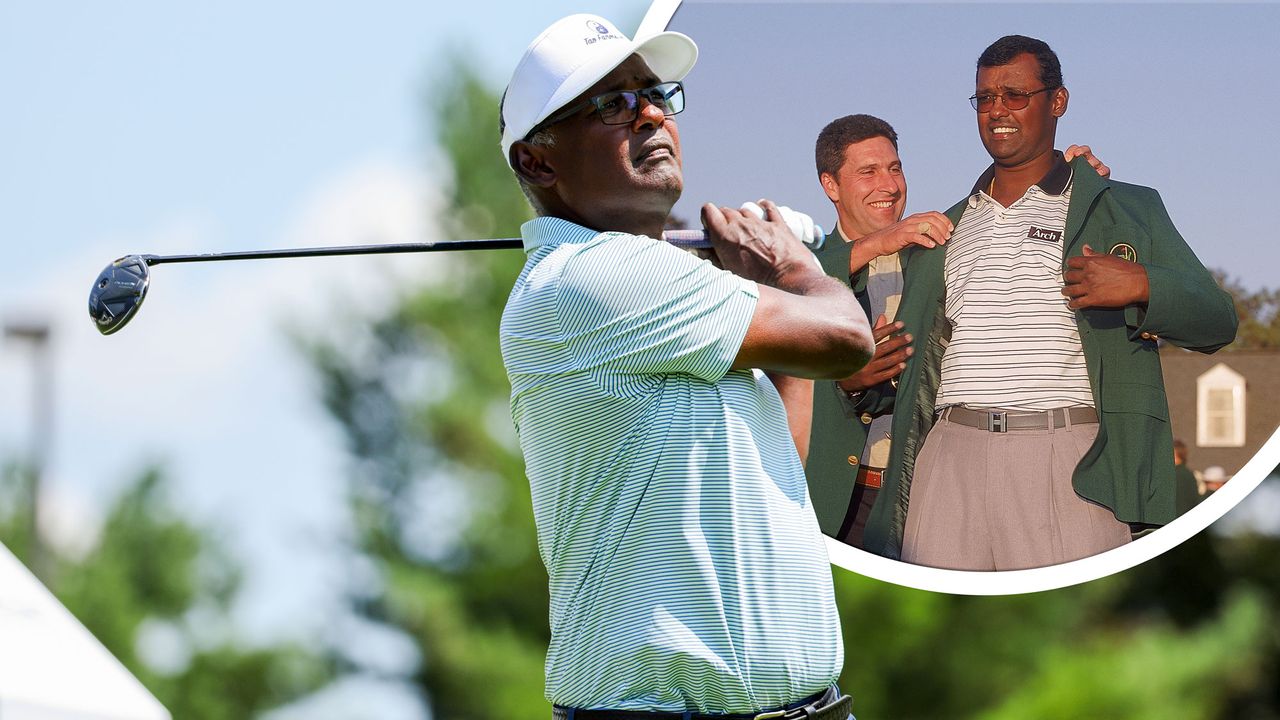 Vijay Singh in the finish position of his golf swing with a wood in hand, and an inset image of him receiving his green jacket at The Masters in 2000 from Jose Maria Olazabal