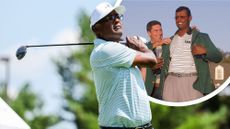 Vijay Singh in the finish position of his golf swing with a wood in hand, and an inset image of him receiving his green jacket at The Masters in 2000 from Jose Maria Olazabal