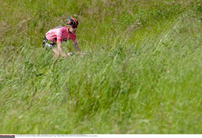 Cadel Evans (BMC) is easy to spot against the green